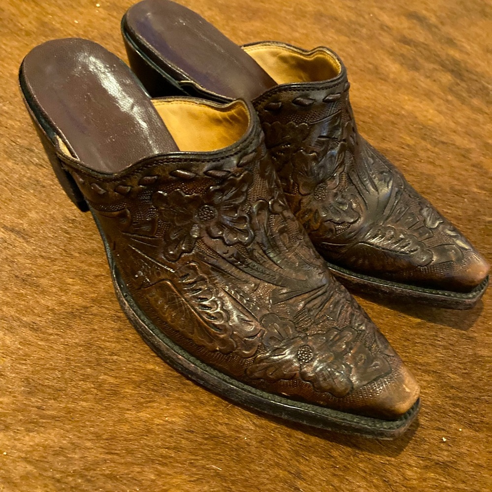 Vintage! Old Gringo Western Mules, Hand Tooled Leather, Cognac Brown